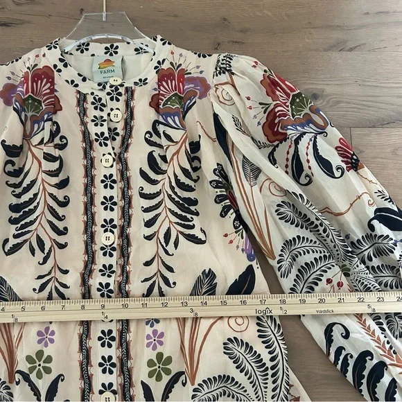 FARM RIO Nature Mini Dress Romantic Bead Belt Maximalist Puff Beige Size Medium - Picture 15 of 16